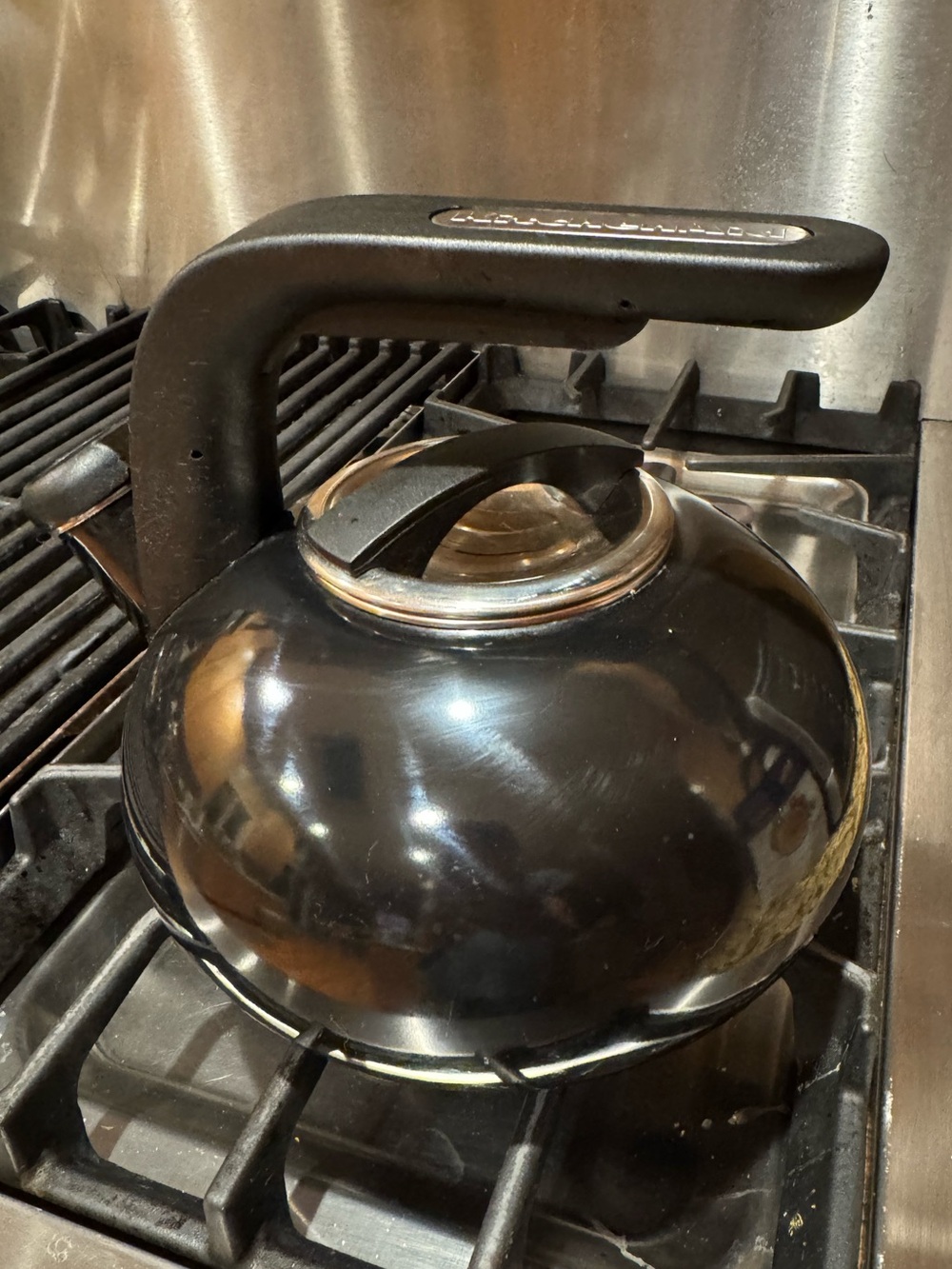 Kitchen Aid: Black Enamel Whistling Tea Kettle with Chrome Comfort Grip Handle